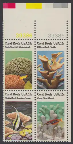 USA Michel 1434-1437 / Scott 1827-1830 postfrisch BLOCK ECKRAND oben rechts m/ Platten-# 39385 - Korallen