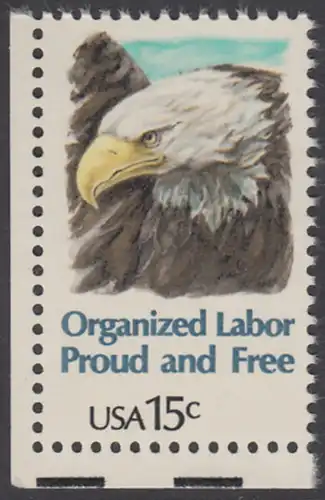 USA Michel 1438 / Scott 1831 postfrisch EINZELMARKE ECKRAND unten links - Tag der Arbeit: Kopf des amerikanischen Wappenadlers (Weißkopf-Seeadler)