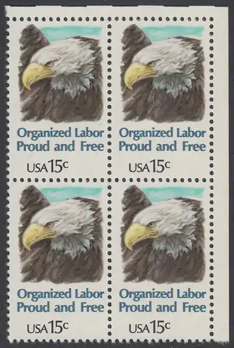 USA Michel 1438 / Scott 1831 postfrisch BLOCK ECKRAND oben rechts - Tag der Arbeit: Kopf des amerikanischen Wappenadlers (Weißkopf-Seeadler)