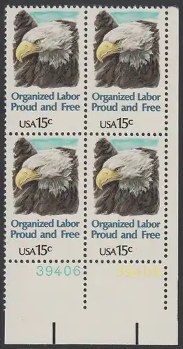 USA Michel 1438 / Scott 1831 postfrisch BLOCK ECKRAND unten rechts m/ Platten-# 39405 - Tag der Arbeit: Kopf des amerikanischen Wappenadlers (Weißkopf-Seeadler)