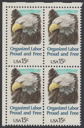 USA Michel 1438 / Scott 1831 postfrisch BLOCK ECKRAND oben links - Tag der Arbeit: Kopf des amerikanischen Wappenadlers (Weißkopf-Seeadler)