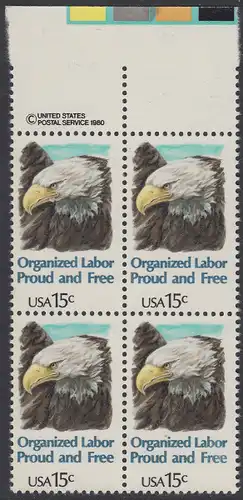 USA Michel 1438 / Scott 1831 postfrisch BLOCK RÄNDER oben m/ copyright symbol - Tag der Arbeit: Kopf des amerikanischen Wappenadlers (Weißkopf-Seeadler)