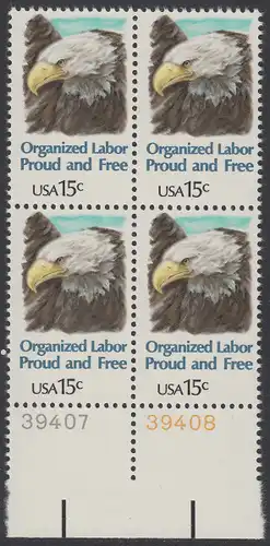 USA Michel 1438 / Scott 1831 postfrisch BLOCK RÄNDER unten m/ Platten-# 39408 (a1) - Tag der Arbeit: Kopf des amerikanischen Wappenadlers (Weißkopf-Seeadler)