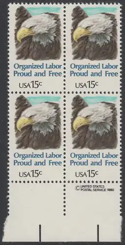 USA Michel 1438 / Scott 1831 postfrisch BLOCK RÄNDER unten m/ copyright symbol (a2) - Tag der Arbeit: Kopf des amerikanischen Wappenadlers (Weißkopf-Seeadler)