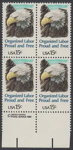 USA Michel 1438 / Scott 1831 postfrisch BLOCK RÄNDER unten m/ copyright symbol (a1) - Tag der Arbeit: Kopf des amerikanischen Wappenadlers (Weißkopf-Seeadler)