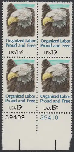 USA Michel 1438 / Scott 1831 postfrisch BLOCK RÄNDER unten m/ Platten-# 38410 (a2) - Tag der Arbeit: Kopf des amerikanischen Wappenadlers (Weißkopf-Seeadler)