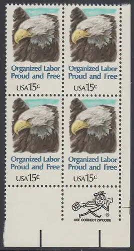 USA Michel 1438 / Scott 1831 postfrisch ZIP-BLOCK (lr) - Tag der Arbeit: Kopf des amerikanischen Wappenadlers (Weißkopf-Seeadler)