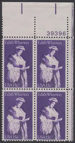 USA Michel 1439 / Scott 1832 postfrisch PLATEBLOCK ECKRAND oben rechts m/ Platten-# 39396 - Edith Wharton, Schriftstellerin