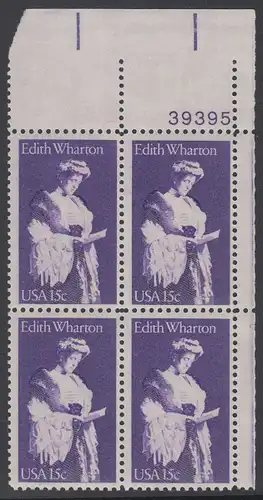 USA Michel 1439 / Scott 1832 postfrisch PLATEBLOCK ECKRAND oben rechts m/ Platten-# 39395 - Edith Wharton, Schriftstellerin