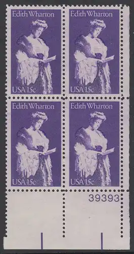 USA Michel 1439 / Scott 1832 postfrisch PLATEBLOCK ECKRAND unten rechts m/ Platten-# 39393 - Edith Wharton, Schriftstellerin