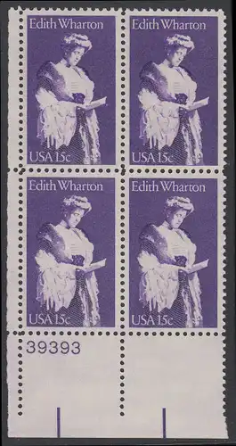 USA Michel 1439 / Scott 1832 postfrisch PLATEBLOCK ECKRAND unten links m/ Platten-# 39393 - Edith Wharton, Schriftstellerin