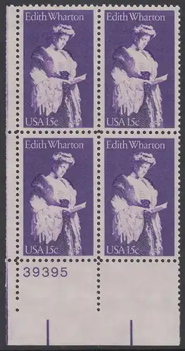 USA Michel 1439 / Scott 1832 postfrisch PLATEBLOCK ECKRAND unten links m/ Platten-# 39395 - Edith Wharton, Schriftstellerin