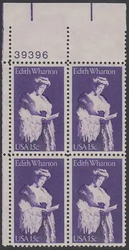 USA Michel 1439 / Scott 1832 postfrisch PLATEBLOCK ECKRAND oben links m/ Platten-# 39396 - Edith Wharton, Schriftstellerin