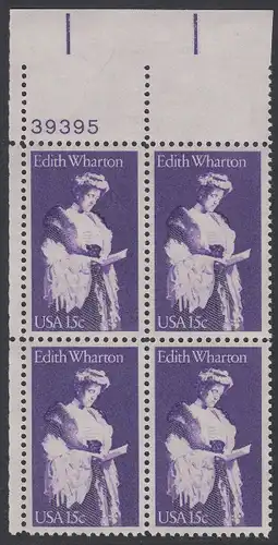 USA Michel 1439 / Scott 1832 postfrisch PLATEBLOCK ECKRAND oben links m/ Platten-# 39395 - Edith Wharton, Schriftstellerin