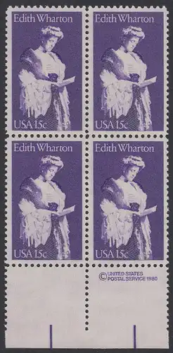 USA Michel 1439 / Scott 1832 postfrisch BLOCK RÄNDER unten m/ copyright symbol - Edith Wharton, Schriftstellerin