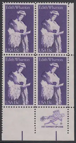 USA Michel 1439 / Scott 1832 postfrisch ZIP-BLOCK (lr) - Edith Wharton, Schriftstellerin