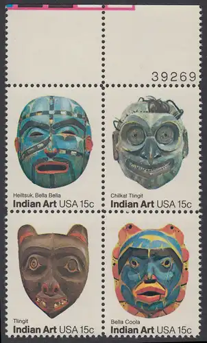 USA Michel 1441-1444 / Scott 1834-1837 postfrisch BLOCK RÄNDER oben m/ Platten-# 39269 - Amerikanische Volkskunst: Indianer-Masken