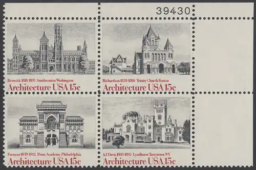 USA Michel 1445-1448 / Scott 1838-1441 postfrisch PLATEBLOCK ECKRAND oben rechts m/ Platten-# 39430 - Amerikanische Architektur