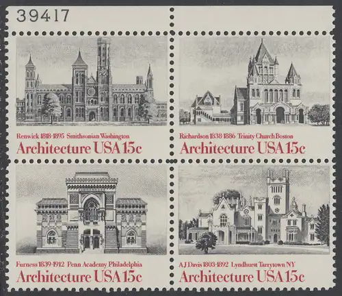 USA Michel 1445-1448 / Scott 1838-1441 postfrisch BLOCK RÄNDER oben m/ Platten-# 39417 - Amerikanische Architektur