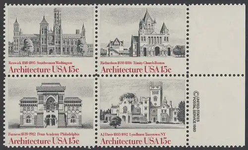 USA Michel 1445-1448 / Scott 1838-1441 postfrisch BLOCK RÄNDER rechts m/ copyright symbol - Amerikanische Architektur