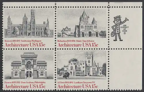 USA Michel 1445-1448 / Scott 1838-1441 postfrisch ZIP-BLOCK (ur) - Amerikanische Architektur