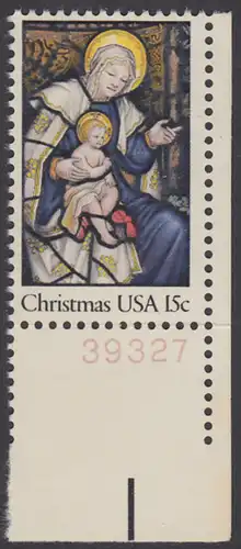 USA Michel 1450 / Scott 1842 postfrisch EINZELMARKE ECKRAND unten rechts m/ Platten-# 39327 - Weihnachten: Madonna und Kind; Buntglasfenster aus der Bethlehemkapelle der Kathedrale von Washington