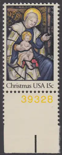 USA Michel 1450 / Scott 1842 postfrisch EINZELMARKE RAND unten m/ Platten-# 39328 - Weihnachten: Madonna und Kind; Buntglasfenster aus der Bethlehemkapelle der Kathedrale von Washington