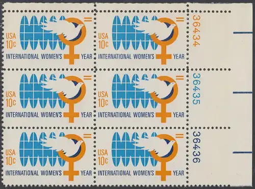 USA Michel 1181 / Scott 1571 postfrisch vert.PLATEBLOCK(6) ECKRAND unten rechts m/ Platten-# 36431 - Internationales Jahr der Frau; Weltkugel, Friedenstaube, biologisches Zeichen für weiblich