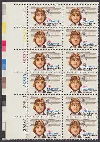 USA Michel 1453 / Scott C099 postfrisch vert.PLATEBLOCK(12) ECKRAND oben links m/ Platten-# 39537 (b) - Luftpost: Flugpioniere; Blanche Stuart Scott, Flugzeug Curtiss Golden Flyer