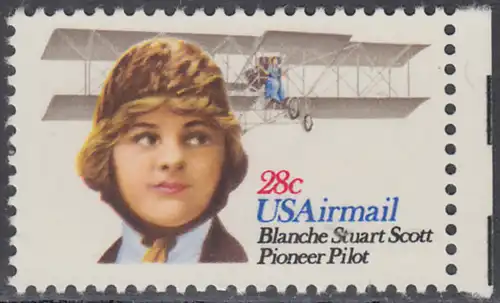 USA Michel 1453 / Scott C099 postfrisch EINZELMARKE RAND rechts (a01) - Luftpost: Flugpioniere; Blanche Stuart Scott, Flugzeug Curtiss Golden Flyer