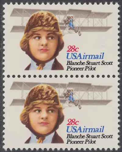 USA Michel 1453 / Scott C099 postfrisch vert.PAAR - Luftpost: Flugpioniere; Blanche Stuart Scott, Flugzeug Curtiss Golden Flyer