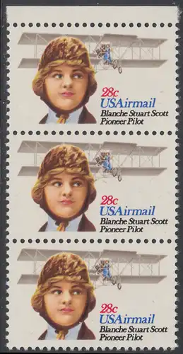 USA Michel 1453 / Scott C099 postfrisch vert.STRIP(3) RÄNDER oben - Luftpost: Flugpioniere; Blanche Stuart Scott, Flugzeug Curtiss Golden Flyer