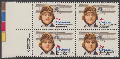 USA Michel 1453 / Scott C099 postfrisch BLOCK RÄNDER links m/ copyright symbol - Luftpost: Flugpioniere; Blanche Stuart Scott, Flugzeug Curtiss Golden Flyer