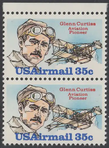 USA Michel 1454 / Scott C100 postfrisch vert.PAAR RAND oben - Luftpost: Flugpioniere; Glenn H. Curtiss, Flugzeug Curtiss June Bug