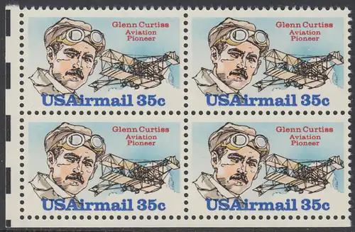 USA Michel 1454 / Scott C100 postfrisch BLOCK ECKRAND unten links - Luftpost: Flugpioniere; Glenn H. Curtiss, Flugzeug Curtiss June Bug