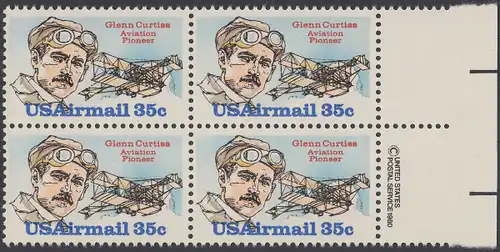 USA Michel 1454 / Scott C100 postfrisch BLOCK RÄNDER rechts m/ copyright system (a03) - Luftpost: Flugpioniere; Glenn H. Curtiss, Flugzeug Curtiss June Bug