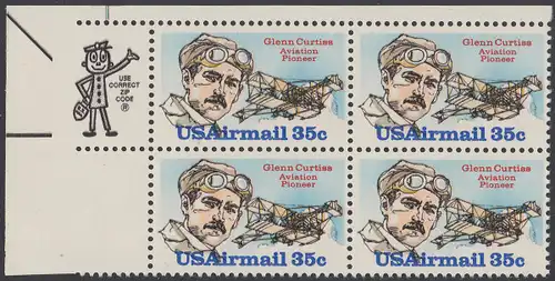USA Michel 1454 / Scott C100 postfrisch ZIP-BLOCK (ul) - Luftpost: Flugpioniere; Glenn H. Curtiss, Flugzeug Curtiss June Bug
