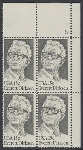 USA Michel 1455 / Scott 1874 postfrisch PLATEBLOCK ECKRAND oben rechts m/ Platten-# 8 - Everett Dirksen (1896-1969), Politiker
