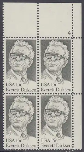USA Michel 1455 / Scott 1874 postfrisch PLATEBLOCK ECKRAND oben rechts m/ Platten-# 4 - Everett Dirksen (1896-1969), Politiker
