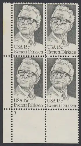 USA Michel 1455 / Scott 1874 postfrisch PLATEBLOCK ECKRAND unten links m/ Platten-# 7 - Everett Dirksen (1896-1969), Politiker