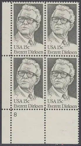 USA Michel 1455 / Scott 1874 postfrisch PLATEBLOCK ECKRAND unten links m/ Platten-# 8 - Everett Dirksen (1896-1969), Politiker