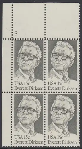 USA Michel 1455 / Scott 1874 postfrisch PLATEBLOCK ECKRAND oben links m/ Platten-# 2 (c) - Everett Dirksen (1896-1969), Politiker