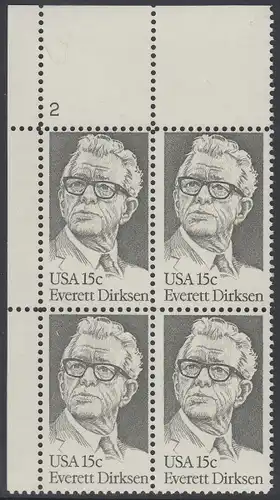 USA Michel 1455 / Scott 1874 postfrisch PLATEBLOCK ECKRAND oben links m/ Platten-# 2 (b) - Everett Dirksen (1896-1969), Politiker
