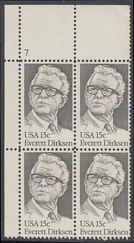 USA Michel 1455 / Scott 1874 postfrisch PLATEBLOCK ECKRAND oben links m/ Platten-# 7 - Everett Dirksen (1896-1969), Politiker