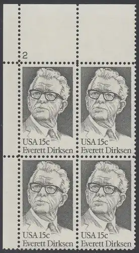 USA Michel 1455 / Scott 1874 postfrisch PLATEBLOCK ECKRAND oben links m/ Platten-# 2 (a) - Everett Dirksen (1896-1969), Politiker
