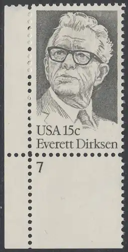 USA Michel 1455 / Scott 1874 postfrisch EINZELMARKE ECKRAND unten links m/ Platten-# 7 - Everett Dirksen (1896-1969), Politiker