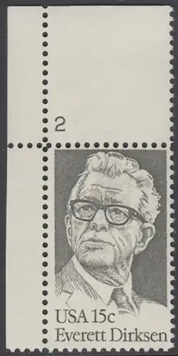 USA Michel 1455 / Scott 1874 postfrisch EINZELMARKE ECKRAND oben links m/ Platten-# 2 - Everett Dirksen (1896-1969), Politiker