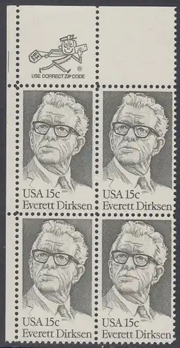 USA Michel 1455 / Scott 1874 postfrisch ZIP-BLOCK (ul) - Everett Dirksen (1896-1969), Politiker