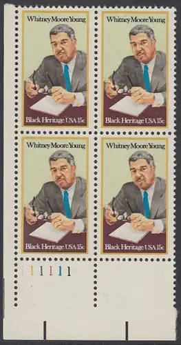 USA Michel 1456 / Scott 1875 postfrisch PLATEBLOCK ECKRAND unten links m/ Platten-# 111111 (c) - Schwarzamerikanisches Erbe: Whitney Moore Young (1921-1970), Bürgerrechtskämpfer