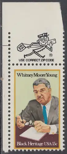 USA Michel 1456 / Scott 1875 postfrisch EINZELMARKE ECKRAND oben links m/ ZIP-Emblem - Schwarzamerikanisches Erbe: Whitney Moore Young (1921-1970), Bürgerrechtskämpfer